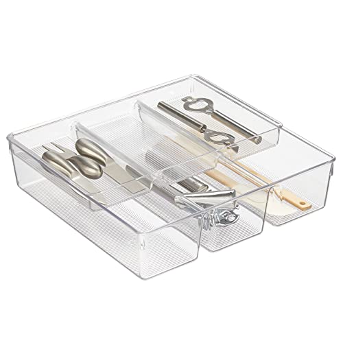 mDesign Plastic Kitchen Drawer Organizer Tray Set - Horizontal Storage Bin for Organizing Cutlery, Flatware, Silverware, Utensil, and Appliances - 12" Long - Ligne Collection - Clear