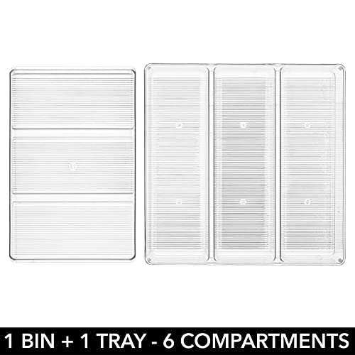 mDesign Plastic Kitchen Drawer Organizer Tray Set - Horizontal Storage Bin for Organizing Cutlery, Flatware, Silverware, Utensil, and Appliances - 12" Long - Ligne Collection - Clear