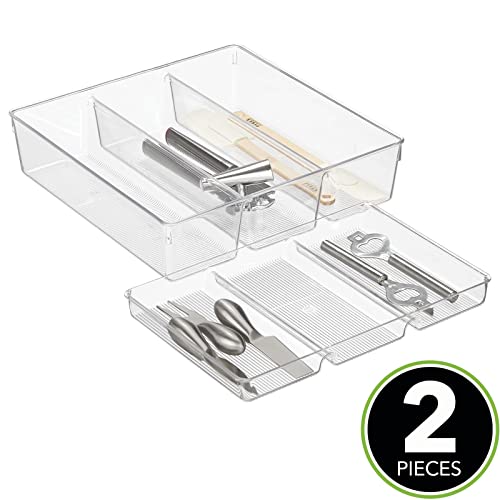 mDesign Plastic Kitchen Drawer Organizer Tray Set - Horizontal Storage Bin for Organizing Cutlery, Flatware, Silverware, Utensil, and Appliances - 12" Long - Ligne Collection - Clear