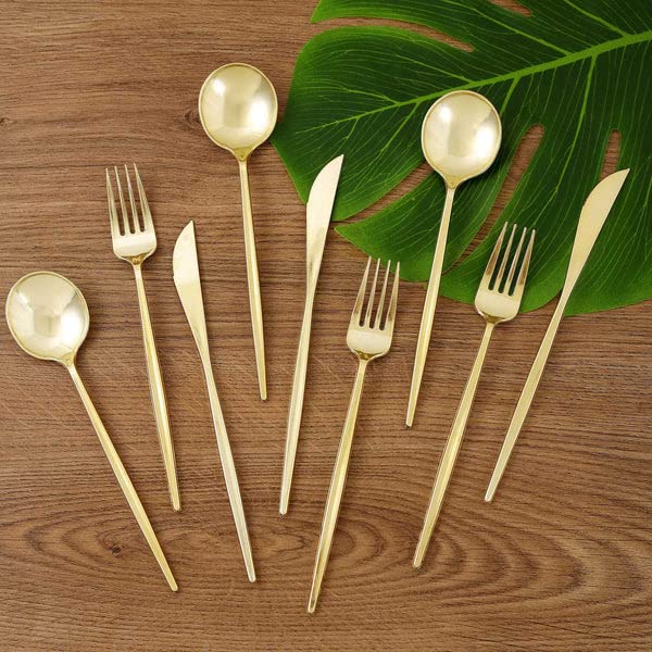 Efavormart 24 Pack | Gold Sleek Modern Flatware Set, Premium Plastic Silverware Cutlery Set - 8"