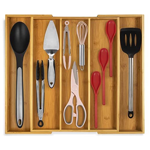 Premium Bamboo Silverware Organizer - Expandable Kitchen Drawer Organizer and Utensil Organizer, Perfect Size Cutlery Tray with Drawer Dividers for Kitchen Utensils and Flatware (3-5 Slots) (Natural)