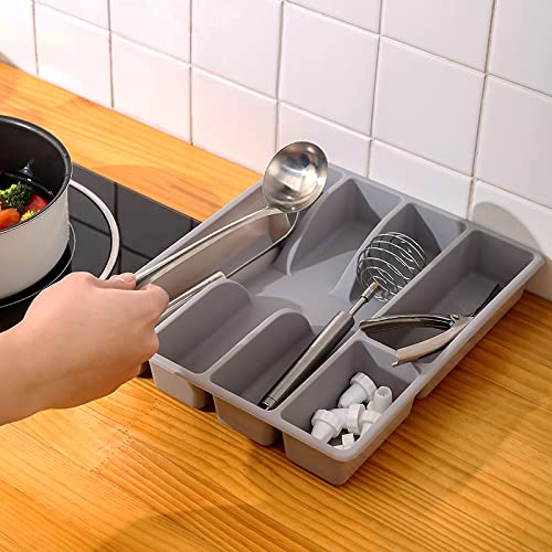 SOUJOY 4 Pack Utensil Organizer Silverware Drawer Organizer, 5 Component Cutlery Storage Tray, Plastic Compact Kitchen Utensil Holder for Spoons Forks Knives, Easily Organize and Store