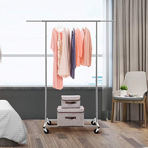 Simple Trending Standard Rod Clothing Garment Rack, Rolling Clothes Organizer on Wheels for Hanging Clothes, Chrome