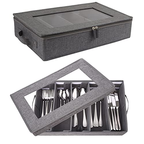 Flatware Utensil Storage Case, Silverware Storage Box Chest with Adjustable Dividers, Cutlery Storage Holder with Zipper Lid for Organizing Cutlery, Flatware, Knives, Large Capacity Gray