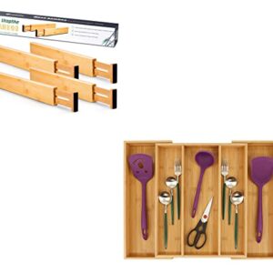 Utoplike 4 pcs Bamboo Kitchen Drawer Dividers 16.8-21.8IN) and Bamboo Expandable Kitchen Drawer Organizer, Adjustable Utensil Holder Set