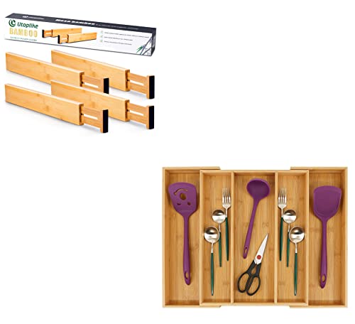 Utoplike 4 pcs Bamboo Kitchen Drawer Dividers 16.8-21.8IN) and Bamboo Expandable Kitchen Drawer Organizer, Adjustable Utensil Holder Set