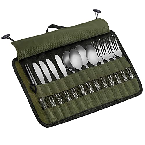 xiaoguozi Cutlery Storage Bag,Portable Polyester Roll Up Pouch Bag For Forks, Spoons, Chopstick,Water Resistant Storage Kitchen Cooking Utensil Set Travel Organizer, Army Green