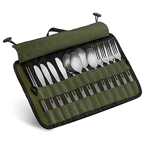 xiaoguozi Cutlery Storage Bag,Portable Polyester Roll Up Pouch Bag For Forks, Spoons, Chopstick,Water Resistant Storage Kitchen Cooking Utensil Set Travel Organizer, Army Green