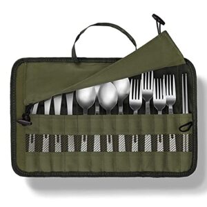 xiaoguozi Cutlery Storage Bag,Portable Polyester Roll Up Pouch Bag For Forks, Spoons, Chopstick,Water Resistant Storage Kitchen Cooking Utensil Set Travel Organizer, Army Green