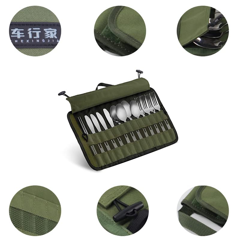 xiaoguozi Cutlery Storage Bag,Portable Polyester Roll Up Pouch Bag For Forks, Spoons, Chopstick,Water Resistant Storage Kitchen Cooking Utensil Set Travel Organizer, Army Green