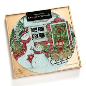 CounterArt Snowman's Farmhouse 4mm Heat Tolerant Tempered Glass Lazy Susan Turntable 13" Diameter Cake Plate Condiment Caddy Pizza Server