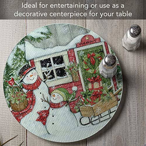 CounterArt Snowman's Farmhouse 4mm Heat Tolerant Tempered Glass Lazy Susan Turntable 13" Diameter Cake Plate Condiment Caddy Pizza Server