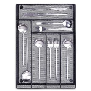 wugeshop 6 compartments metal mesh kitchen flatware organizer tray, silverware drawer organizer/utensil holder and cutlery tray with non slip mat (black)