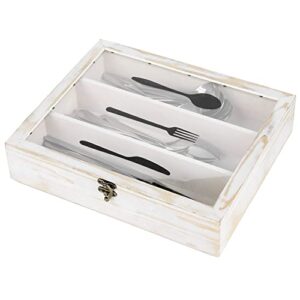 mygift rustic whitewashed wood cutlery tray case with acrylic lid and latch lock, buffet table utensils flatware server caddy, spoon and fork holder