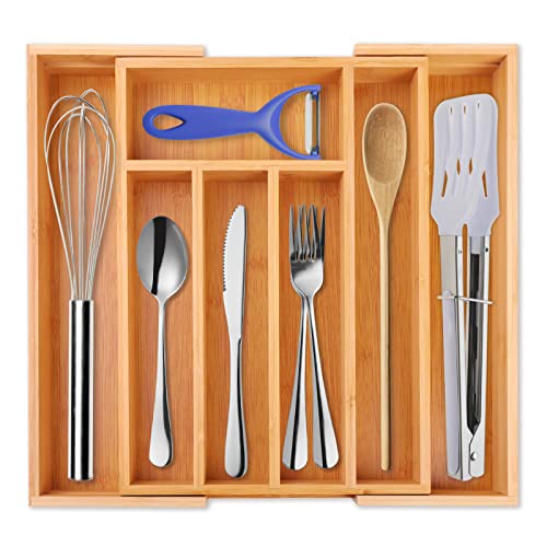 SANPON Bamboo Kitchen Drawer Organizer Expandable Silverware Tray for Drawer Utensil Tray Flatware Drawer Organizer 5-7 Slots