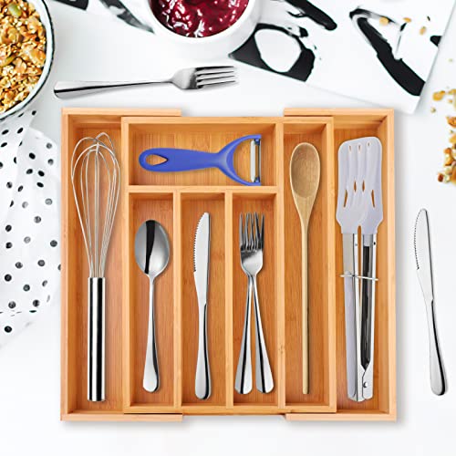 SANPON Bamboo Kitchen Drawer Organizer Expandable Silverware Tray for Drawer Utensil Tray Flatware Drawer Organizer 5-7 Slots