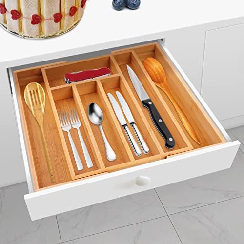 SANPON Bamboo Kitchen Drawer Organizer Expandable Silverware Tray for Drawer Utensil Tray Flatware Drawer Organizer 5-7 Slots