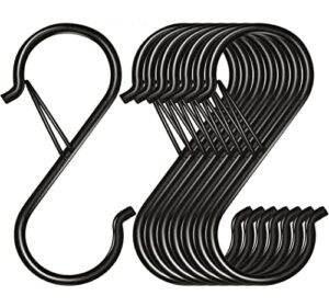 8 pack s hooks for hanging, 3.5 inch heavy duty s hooks with safety buckle s shaped hooks kitchen pot rack hooks closet hooks for hanging plants, clothes, kitchen utensil, pots and pans, bags (black)