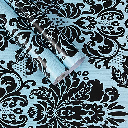 TaoGift Self Adhesive Vinyl Damask Contact Paper Shelf Drawer Liner for Kitchen Cabinets Closet Furniture Wall Door Crafts Decor Sticker (Black-Blue, 17.7x117 Inches)