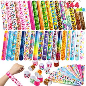 joyin 144 pcs slap bracelets for kids bulk wristbands with animals, friendship, heart print 36 designs, for kids easter party favors, valentine classroom prizes exchanging gifts