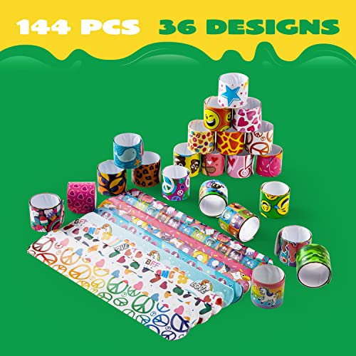 JOYIN 144 Pcs Slap Bracelets for Kids Bulk Wristbands with Animals, Friendship, Heart Print 36 Designs, for kids Easter Party Favors, Valentine Classroom Prizes Exchanging Gifts