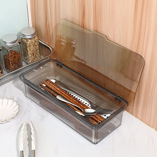 Cabilock 3pcs Flatware Tray with Lid- proof Chopsticks Storage Boxes Draining Tableware Organizer Kitchen Cutlery Container Countertop Utensil Holder