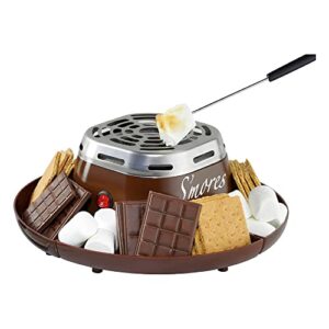 nostalgia indoor electric s’mores maker – smores kit – 4 compartment trays – movie night supplies – balcony decor – brown