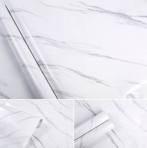 White Marble Adhesive Paper Gloss Vinyl Wrap For Kitchen Countertop Peel Stick Shelf Liners Decal 15.8inch by 79inch