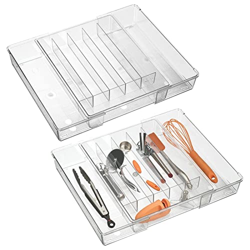 mDesign Dual Expandable Plastic In-Drawer Utensil Organizer Tray Deep 6 Divided Sections for Kitchen; Holds Cutlery, Flatware, Silverware, Cooking Utensils, Ligne Collection, 2 Pack, Clear