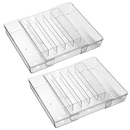 mDesign Dual Expandable Plastic In-Drawer Utensil Organizer Tray Deep 6 Divided Sections for Kitchen; Holds Cutlery, Flatware, Silverware, Cooking Utensils, Ligne Collection, 2 Pack, Clear