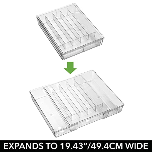 mDesign Dual Expandable Plastic In-Drawer Utensil Organizer Tray Deep 6 Divided Sections for Kitchen; Holds Cutlery, Flatware, Silverware, Cooking Utensils, Ligne Collection, 2 Pack, Clear