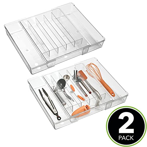 mDesign Dual Expandable Plastic In-Drawer Utensil Organizer Tray Deep 6 Divided Sections for Kitchen; Holds Cutlery, Flatware, Silverware, Cooking Utensils, Ligne Collection, 2 Pack, Clear