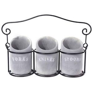 madeco kitchen utensil holder set 3 pieces cement utensil crocks & 1 portable wire caddy – embossed design-organize your flatware & silverware with ease (round)