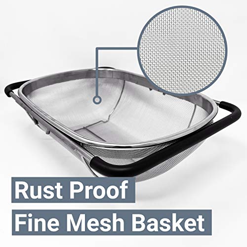 Makerstep Over the Sink Colander Strainer Basket Stainless Steel, For Kitchen Sink with Rubber Grip, Fine Mesh, Large Kitchen Gadgets Tools, Expandable Sink Strainer Home Kitchen Essentials