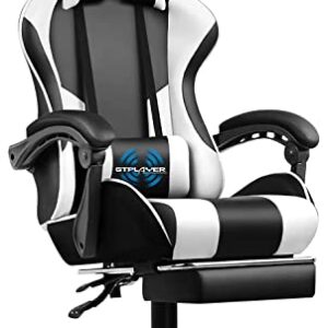 GTPLAYER Gaming Chair, Computer Chair with Footrest and Lumbar Support, Height Adjustable Game Chair with 360°-Swivel Seat and Headrest and for Office or Gaming (White)