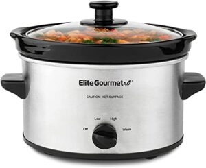 elite gourmet mst-275xs electric oval slow cooker, adjustable temp, entrees, sauces, stews & dips, dishwasher safe glass lid & crock (2 quart, stainless steel)