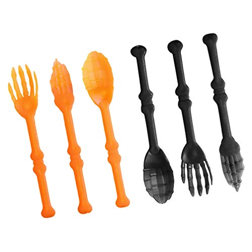 NUOBESTY 6PCS Halloween Skeleton Silverware Set Plastic Skull Cutlery Forks Spoons Halloween Party Utensils Supplies for Kitchen Dining Bar Orange Black