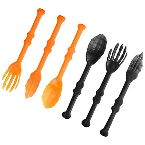 NUOBESTY 6PCS Halloween Skeleton Silverware Set Plastic Skull Cutlery Forks Spoons Halloween Party Utensils Supplies for Kitchen Dining Bar Orange Black