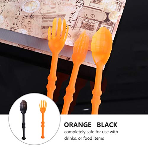 NUOBESTY 6PCS Halloween Skeleton Silverware Set Plastic Skull Cutlery Forks Spoons Halloween Party Utensils Supplies for Kitchen Dining Bar Orange Black