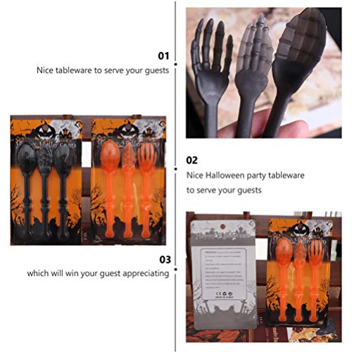 NUOBESTY 6PCS Halloween Skeleton Silverware Set Plastic Skull Cutlery Forks Spoons Halloween Party Utensils Supplies for Kitchen Dining Bar Orange Black