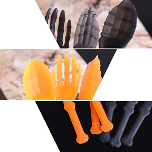 NUOBESTY 6PCS Halloween Skeleton Silverware Set Plastic Skull Cutlery Forks Spoons Halloween Party Utensils Supplies for Kitchen Dining Bar Orange Black