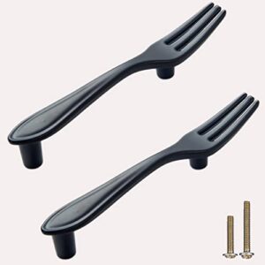 Sinyiol 2Pcs Matte Black Funny Cutlery Tableware Cabinet Pulls,Creative Spoon Fork Knife Shape 3" Hole Center Vintage Kitchen Cupboard Pulls Handles,Cute and Fun (2Pcs, Fork, Matte Black)