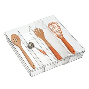 mdesign adjustable, expandable plastic in-drawer utensil organizer tray deep 5 section divided for kitchen organization; holds cutlery, flatware, silverware, cooking utensils, ligne collection, clear