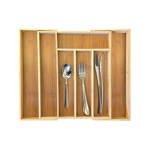 PLASTIFIC Wooden Bamboo Telescopic Cutlery Tray Flatware Utensil Drawer Retractable Tableware Chopsticks Storage Knife Fork Box Drawer Storage Boxes 5-7 Compartments (Bamboo - Sliding Cutlery Tray)