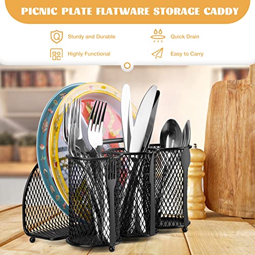 YHDSK Metal Utensil Holder, Storage Basket Organizer with 3 Compartments and Side Store Silverware Plates, Mesh Flatware Rack Black