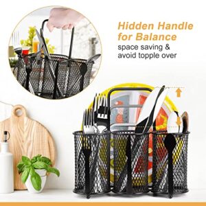 YHDSK Metal Utensil Holder, Storage Basket Organizer with 3 Compartments and Side Store Silverware Plates, Mesh Flatware Rack Black