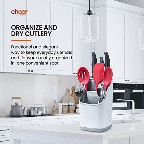 Cheer Collection Kitchen Utensil Organizer and Drainer, Cutlery Holder and Strainer with 3 Divided Compartments, Sink Flatware Caddy Countertop Organizer, Dishwasher Safe, White