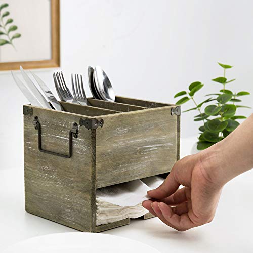 MyGift Rustic Brown Solid Wood Dining Utensil and Napkin Holder Storage Serving Caddy with 4 Compartments and Decorative Metal Handles