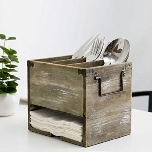 MyGift Rustic Brown Solid Wood Dining Utensil and Napkin Holder Storage Serving Caddy with 4 Compartments and Decorative Metal Handles