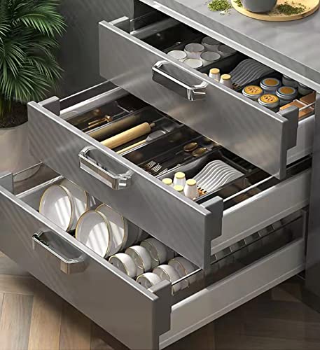 Black Kitchen Drawer Organizer with Two Adjustable Compartments,Flatware Organizer for Silverware,Cutlery or Kitchen Gadgets,Aluminum Body, Plastic Sliding Partition Plate and Handles (5.9W×16.14L)